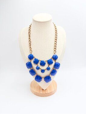 Royal Blue Statement Bib Necklace | Gold Tone Multi-Layer Faceted Resin Necklace
